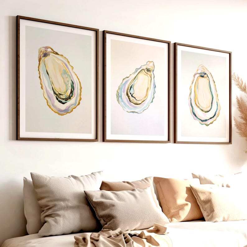 Oyster Wall Art Set of 3, Coastal Prints, Pastel Watercolor Oyster Shells, Modern Elegant Beach House Decor, Neutral Nautical Printable beach house art minimalist art ocean wall decor wall art set of 3 trendy coastal print neutral coastal art oyster shells print pastel oyster shells watercolor oysters modern elegant art marine nautical art oysters triptych bathroom kitchen