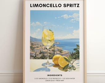 Limoncello Spritz Poster | Cocktail Poster | Bar Cart Decor | Limoncello Spritz Recipe Poster | Retro Italian Cocktail Print