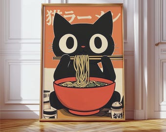 Japanese Cat Ramen Poster: Black Cat Eating Noodles Print - Japandi Wall Art - Digital Download for Cat Lovers