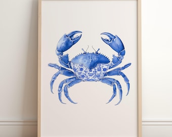 Blue Crab Wall Art Print - Chinoiserie Crab Artwork - Toile de Jouy Crab Painting - Trendy Coastal Home Decor - Ocean Beach House