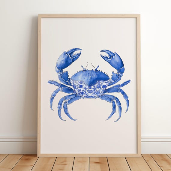 Blue Crab Wall Art Print - Chinoiserie Crab Artwork - Toile de Jouy Crab Painting - Trendy Coastal Home Decor - Ocean Beach House