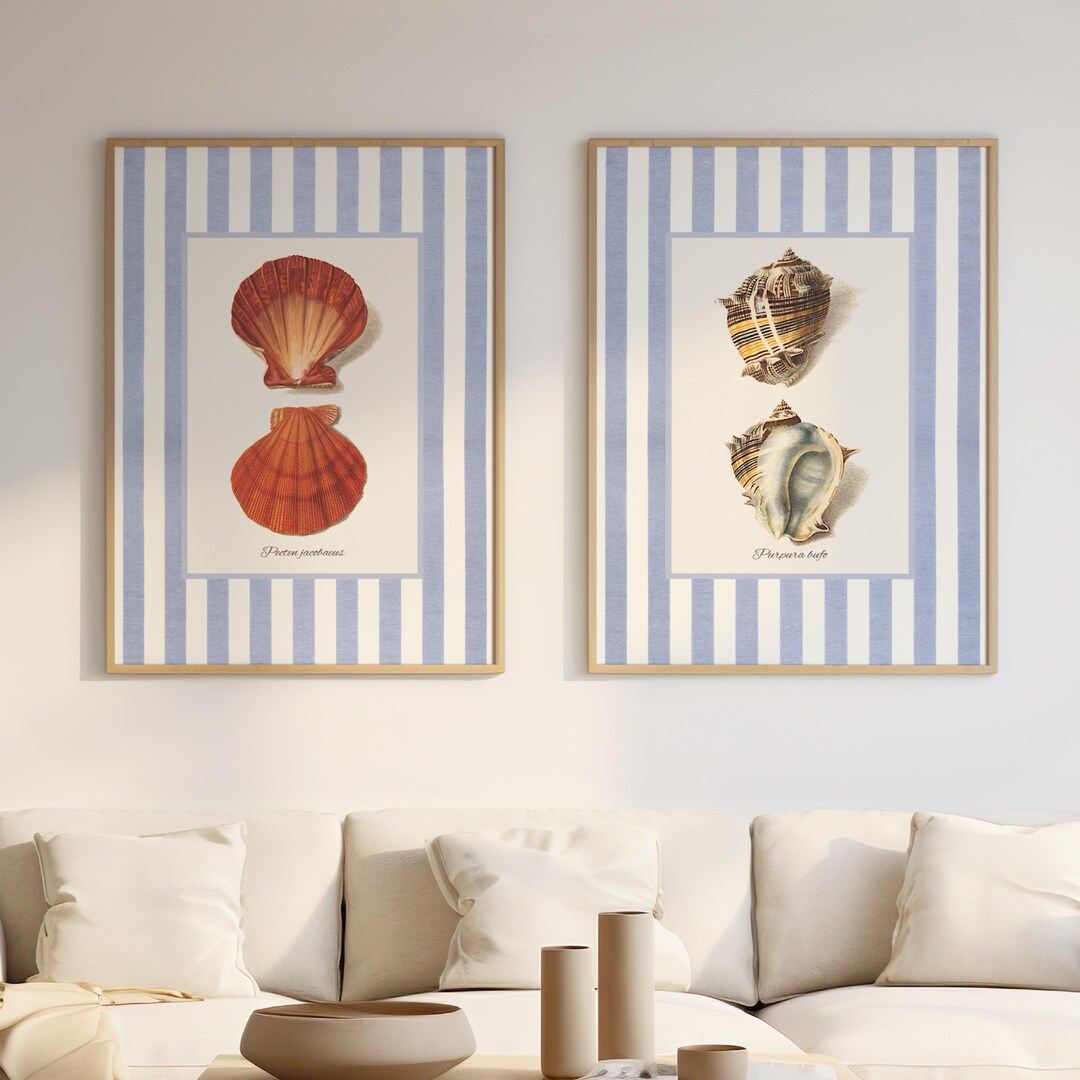 Blue Shell Ptints Sea Shell Prints & Blue Stripes, Grandmillenial Nancy Meyers Inspired ...