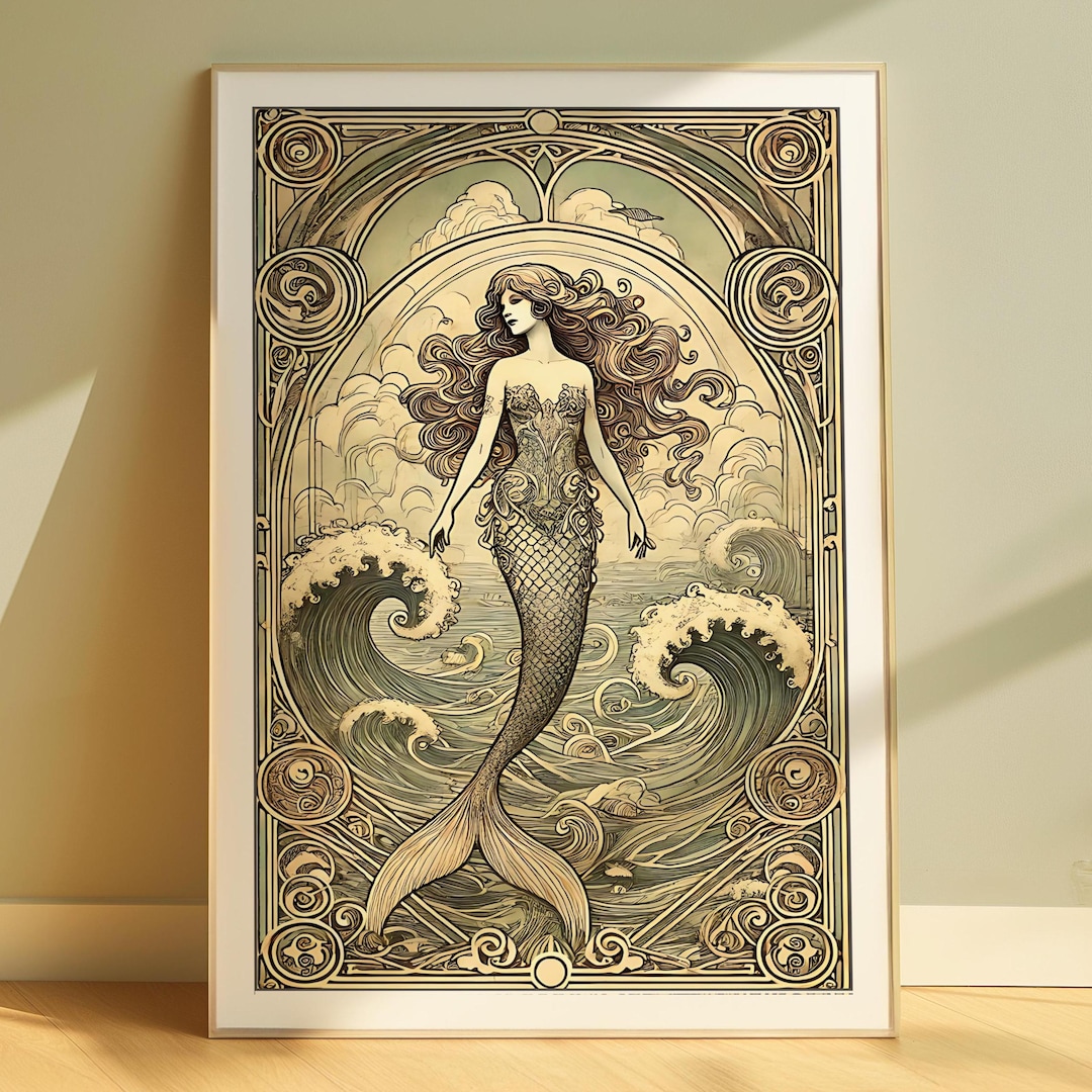 Mermaid Wall Art, Art Nouveau Style, Ocean Themed Decor, Sea Creature ...