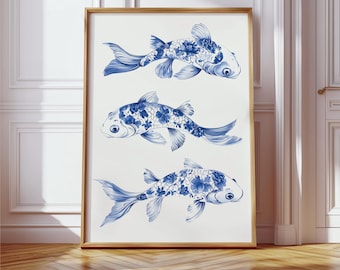 Blue Koi Fish Wall Art Print - Chinoiserie Watercolor Fish Artwork - Japanese Koi Decor - Toile de Jouy Fish Poster, Coastal Bath Room Decor