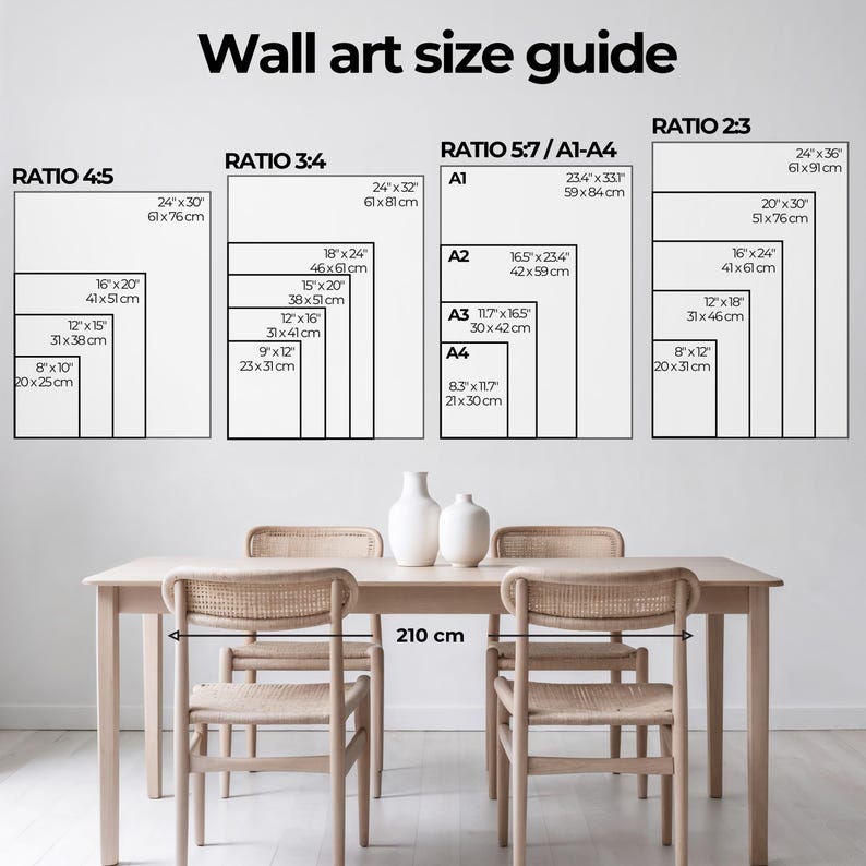 May include: A wall art size guide with different ratios and measurements in inches and centimetres. The guide shows the different sizes of wall art that would fit in a room with a 210 cm long table.
