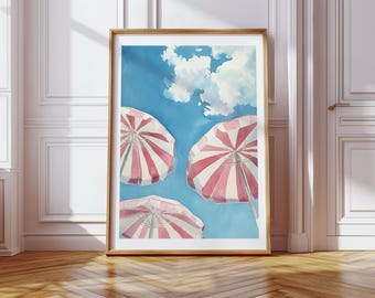 Pink Beach Umbrellas Printable Wall Art, Girly French Summer Aesthetic Print, Blue & Pink Preppy Room Decor, Trendy Beach Poster Download