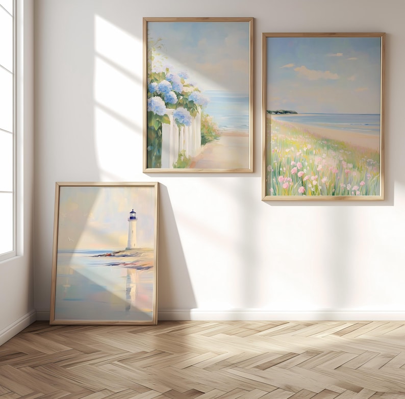 Set of 3 Pastel Coastal Wall Art / Summer Beach Print / Ocean Wildflowers / Blue Hydrangeas Painting / Beach House Decor / Preppy Dorm Room, ocean painting
coastal wall art
blue hydrangea art
hydrangeas beach
nautical marine art
summer beach print
beachy wall art
three piece wall art
pastel beach prints
preppy dorm room art
pink wildflowers
beach house decor
ocean light house