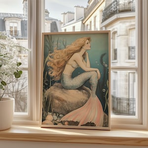 Mermaid Wall Art Print - Vintage-Inspired Ocean Decor - Whimsical Coastal Poster - Mystical Sea Goddess Digital Download - Boho Chic Gift, mermaid wall art, vintage ocean art, coastal wall print, beach decor art, mystical mermaid, underwater print, ocean wall decor, digital art print, sea goddess art, boho wall print, mermaid download, whimsical decor, mermaid poster, mermaidcore