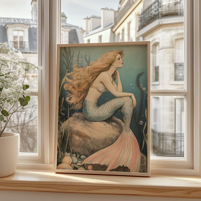 Mermaid Wall Art Print - Vintage-Inspired Ocean Decor - Whimsical Coastal Poster - Mystical Sea Goddess Digital Download - Boho Chic Gift, mermaid wall art, vintage ocean art, coastal wall print, beach decor art, mystical mermaid, underwater print, ocean wall decor, digital art print, sea goddess art, boho wall print, mermaid download, whimsical decor, mermaid poster, mermaidcore