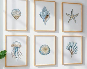 Sea Shell Wall Art Set, Blue Coastal Decor, Watercolor Ocean Prints, Boho Beach House Decor, Starfish Seashell Coral Art, Nautical Bathroom