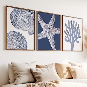 Coastal Wall Art Set of 3, Blue Coral Shell Starfish Prints, Minimalistic Marine Life Posters, Nautical Artwork for Livingroom or Bathroom