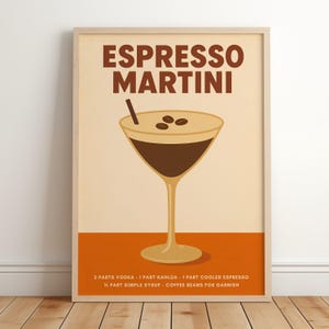 Espresso Martini Art Print | Dekoracja wózka barowego | Plakat z przepisem na Espresso Martini | Plakat z plażowym drinkiem, Retro Cocktail Print, Drukowana sztuka ścienna