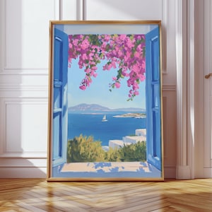 Puede incluir: Una pintura enmarcada representa una escena costera vibrante. Un marco de ventana azul se abre a una vista del mar, un velero e islas distantes. Buganvillas rosas cuelgan desde arriba. La obra de arte evoca una sensación de tranquilidad y encanto mediterráneo.