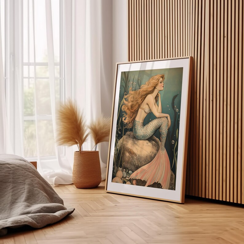 Mermaid Wall Art Print - Vintage-Inspired Ocean Decor - Whimsical Coastal Poster - Mystical Sea Goddess Digital Download - Boho Chic Gift, mermaid wall art, vintage ocean art, coastal wall print, beach decor art, mystical mermaid, underwater print, ocean wall decor, digital art print, sea goddess art, boho wall print, mermaid download, whimsical decor, mermaid poster, mermaidcore