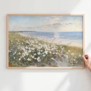 Kwiaty polne nad morzem – dekoracja ścienna | Nadmorski poziomy wydruk cyfrowy | Letni obraz z widokiem na ocean do wystroju domku nad morzem