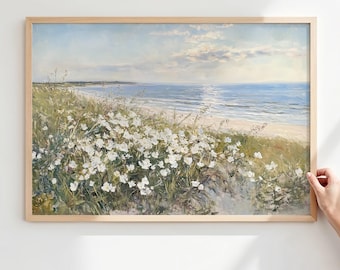 Wildflowers by the Sea Beach Wall Art | Coastal Horizontal Digital Print | Summer Ocean View Painting for Coastal Cottage Decor