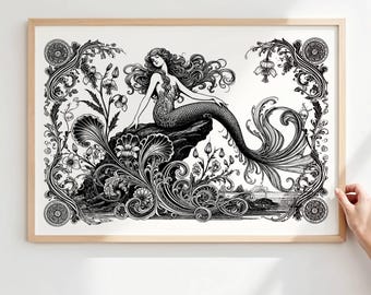 Meerjungfrau Art Print, Jugendstil-Stil, Ozean-Themen-Dekor, Vintage Meereskreaturenmalerei, Küsten-Wohnzimmer-Dekoration, schwarz-weiße Meerjungfrau