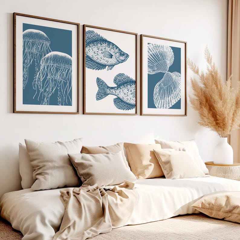 Coastal Wall Art Set - Blue Sea Shell Prints - Boho Beach House Decor ...