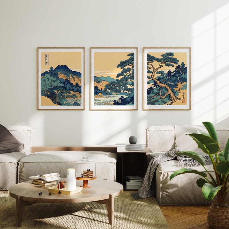 Vintage Japanese Landscape Print Set of 3 - Mountain Forest Wall Art ...