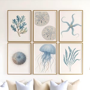 Arte mural costero, impresiones de acuarela de océano azul, algas, estrellas de mar y dólares de arena, impresiones playeras, póster de vida marina, arte náutico para baño
