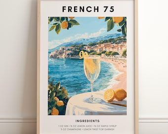 Póster de French 75 / Póster de cócteles / Decoración de carrito de bar / Impresión de cócteles retro / Póster de recetas de French 75 / Póster de bebidas alcohólicas