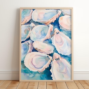 Oyster Wall Art, Colorful Pastel Oyster Shell Painting, Coastal Beach House Print, Summer Dining Room Kitchen Watercolor, Printable Download