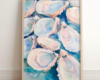Oyster Wall Art, Colorful Pastel Oyster Shell Painting, Coastal Beach House Print, Summer Dining Room Kitchen Watercolor, Printable Download