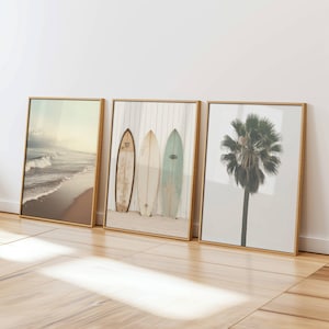 Surfboard Wall Art Set - Palm Tree & Ocean Wave Prints - Beach House Decor - Surf Prints - Coastal 3 Piece Wall Art