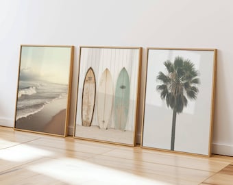 Surfboard Wall Art Set - Palm Tree & Ocean Wave Prints - Beach House Decor - Surf Prints - Coastal 3 Piece Wall Art