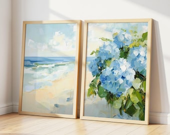 Beach and Blue Hydrangea Wall Art Set, Coastal Flowers Beach Digital Painting, Ocean Botanical, Nautical Marine Decor, Beachy Wall Art