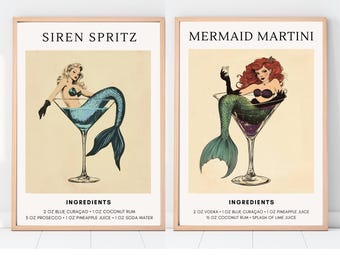 Poster vintage da cocktail con sirena - Set di 2 stampe con sirena Martini e sirena Spritz - Decorazione da bar retrò per uno stile di casa costiero e nautico