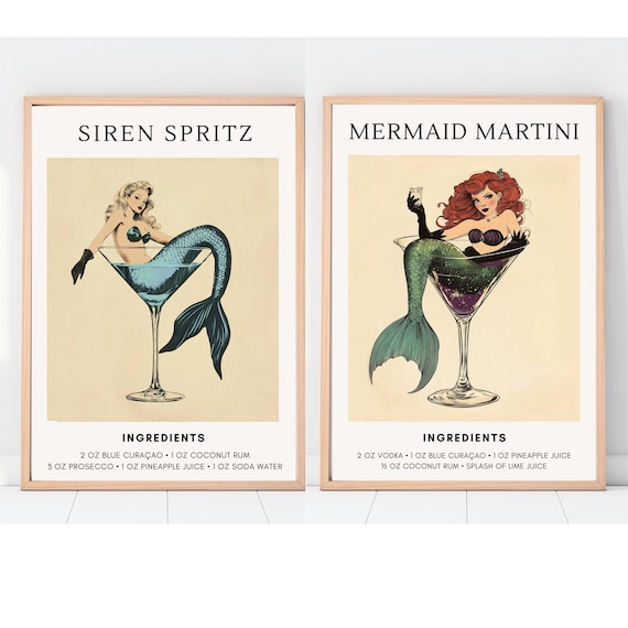 Vintage Mermaid Cocktail Poster - Mermaid Martini and Siren Spritz Prints Set of 2 - Retro Bar Decor for Coastal & Nautical Home Style