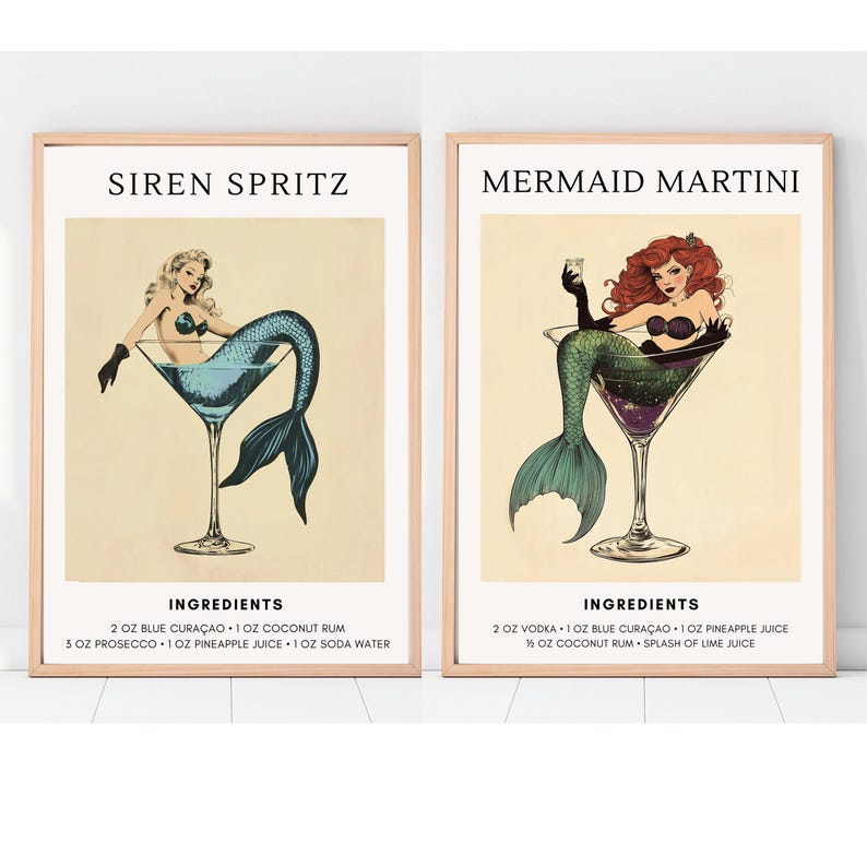 Vintage Mermaid Cocktail Wall Art - Mermaid Martini and Siren Spritz Poster Set of 2 - Retro Bar Decor for Coastal & Nautical Home Style mermaid recipe art
cocktail wall art
vintage bar print
coastal decor print
martini recipe art
digital bar decor
mermaid wall art
home bar printable
coastal kitchen art
cocktail sign
trendy cocktail art
aperol spritz poster
cocktail poster