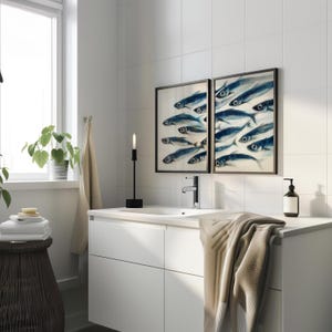Sardines Print Set - Blue Fish Painting Duo - Sardine Poster - Beach House Nautical Decor - Coastal Wall Art - Retro Mediterranean Poster coastal wall art
nautical decor
beach house art
watercolor fish
ocean wall art
beach decor
coastal decor
fish illustration
sardines print
sardines set of 2
retro fish poster
mid century modern
fisherman aesthetic