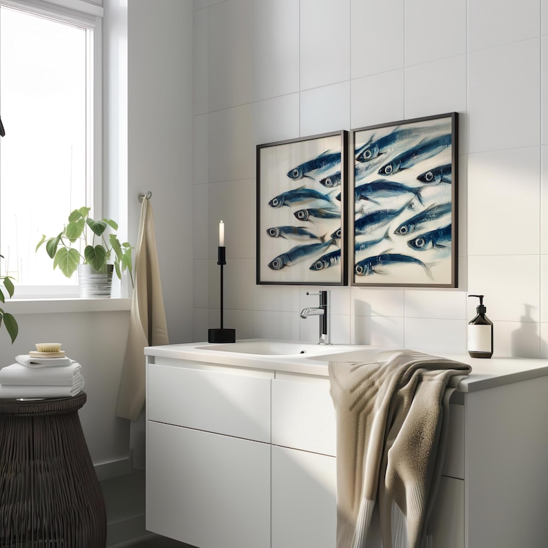 Sardines Print Set - Blue Fish Painting Duo - Sardine Poster - Beach House Nautical Decor - Coastal Wall Art - Retro Mediterranean Poster coastal wall art
nautical decor
beach house art
watercolor fish
ocean wall art
beach decor
coastal decor
fish illustration
sardines print
sardines set of 2
retro fish poster
mid century modern
fisherman aesthetic