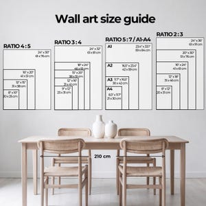 Puede incluir: Una gu&iacute;a de tama&ntilde;o de arte de pared con diferentes proporciones y medidas en pulgadas y cent&iacute;metros. La gu&iacute;a muestra las dimensiones de varios tama&ntilde;os de arte de pared, incluidas las proporciones 4:5, 3:4, 5:7 y 2:3. La gu&iacute;a tambi&eacute;n incluye tama&ntilde;os de papel est&aacute;ndar como A1, A2, A3 y A4.