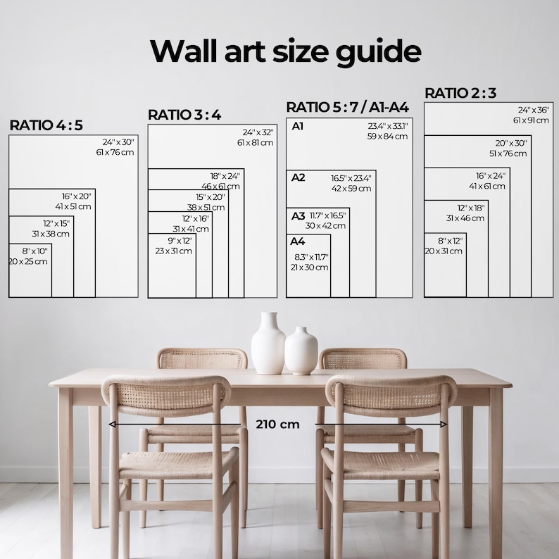 Puede incluir: Una gu&iacute;a de tama&ntilde;o de arte de pared con diferentes proporciones y medidas en pulgadas y cent&iacute;metros. La gu&iacute;a muestra las dimensiones de varios tama&ntilde;os de arte de pared, incluidas las proporciones 4:5, 3:4, 5:7 y 2:3. La gu&iacute;a tambi&eacute;n incluye tama&ntilde;os de papel est&aacute;ndar como A1, A2, A3 y A4.