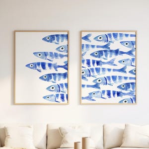 Sardinen Druck Set - Blauer Aquarell Fisch Druck - Sardine Poster - Strandhaus Wasser Dekor - Küsten Wand Kunst, Retro Mittelmeer Poster
