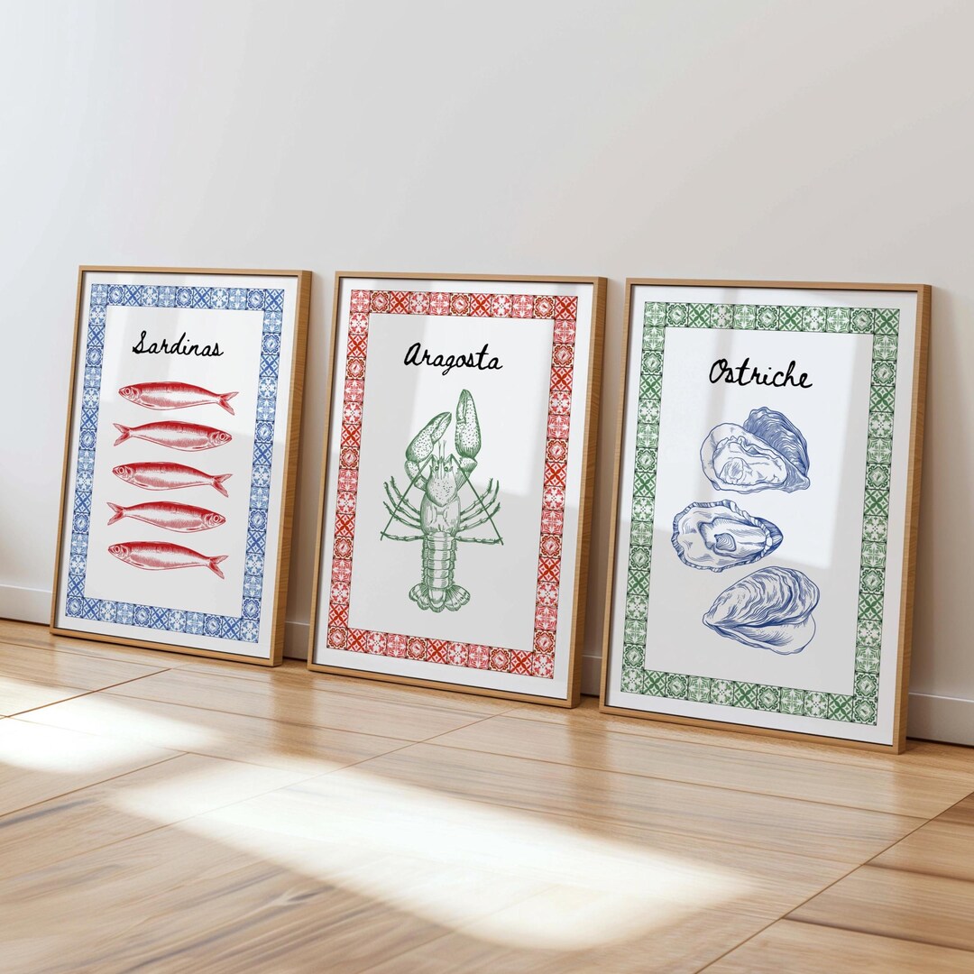 set of three mediterranean kitchen prints | framed... Italian Coastal Kitchen Print | Coastal Wall Art With Sardines, Lobster ...