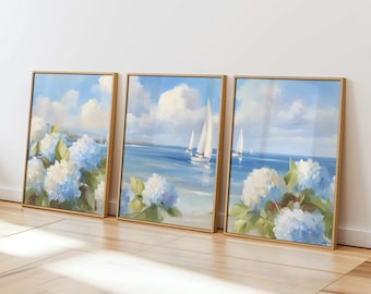 Set of 3 Pastel Coastal Wall Art: Blue Hydrangeas & Sailboats Painting, Summer Ocean Print, Coastal Granddaughter Decor, Preppy Dorm Print