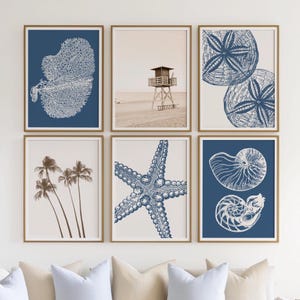 Coastal Wall Art Set of 6 - Blue Coral Prints - Sea Shells, Starfish, Sand Dollar Prints, Neutral Modern Beach House Decor, Printable Art