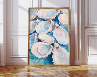 Pintura de acuarela de conchas de ostras - Pintura de ostras en tonos pastel - Impresión de casa de playa costera - Arte de playa de la costa este