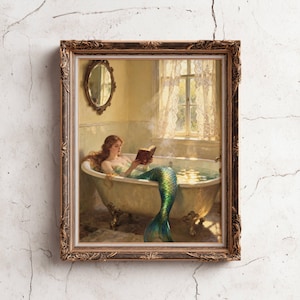 Sjöjungfru i badkar, läseboktryck, vintage badrumsdekor, kustnära sjöjungfrukonstverk, bokälskarekonsttryck, fantasihavsaffisch