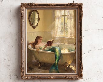 Stampa di una sirena nella vasca da bagno che legge un libro, arredamento vintage per il bagno, opera d'arte Mermaidcore costiera, stampa artistica Booklover, poster fantasy oceanico