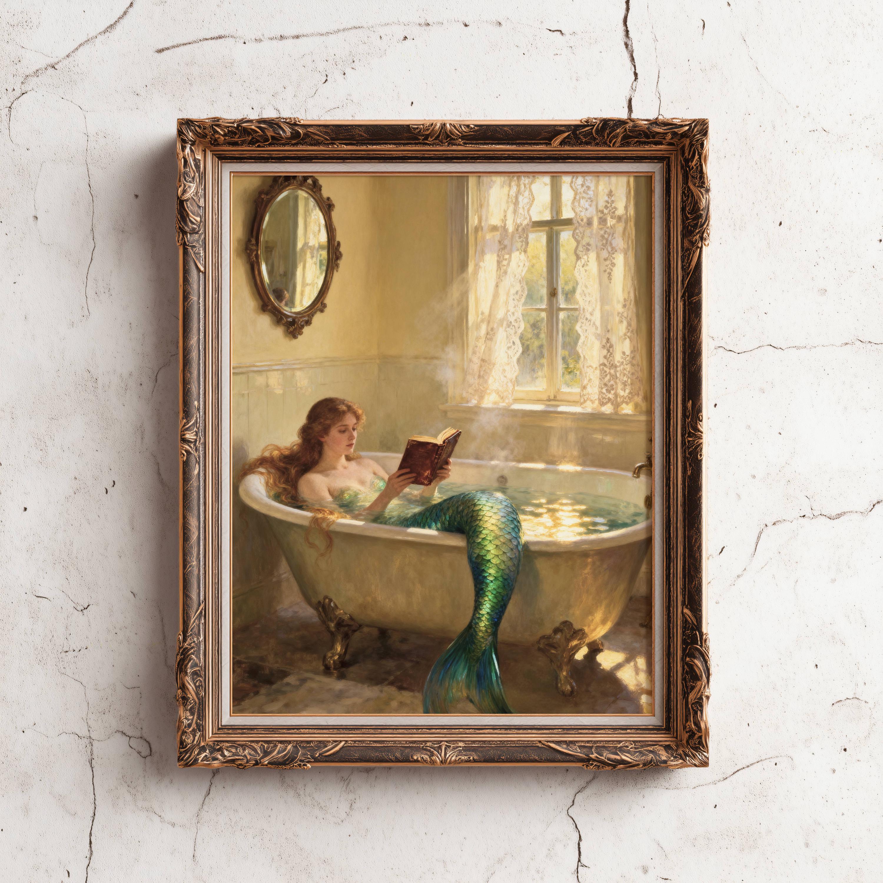 Mermaid in Bathtub Reading Book Print, Vintage Bathroom Decor