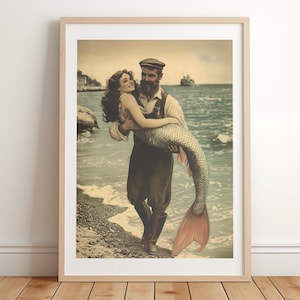 Vintage Meerjungfrau Wandkunst - Fischer Ästhetik - Meerjungfrau und Fischer Poster - Nautische Küsten Dekoration - Retro Druck - Schrulliger Badezimmer Druck