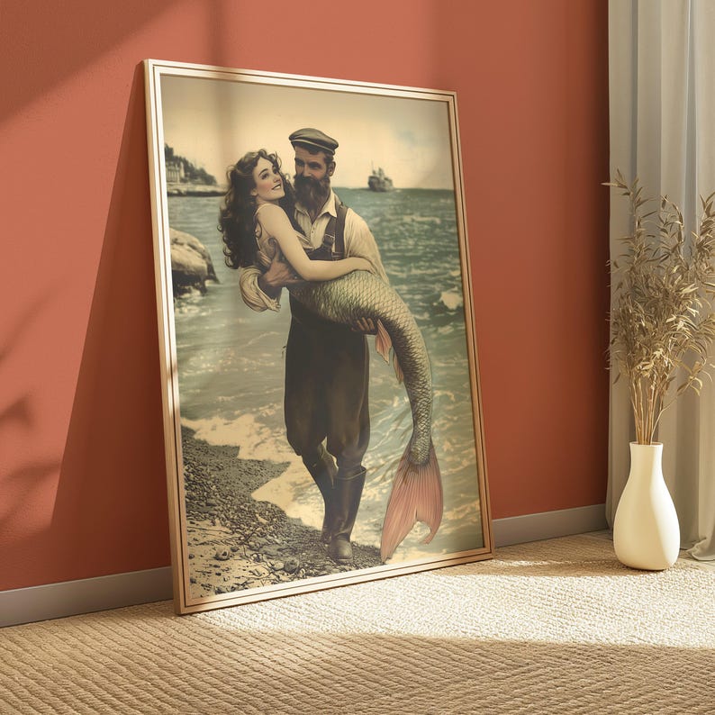 Mermaid Print
Eclectic Decor
Dark Academia Art
Whimsical Print
Vintage Wall Art
Couples Print
Quirky Bathroom
Accessory Fun
Fantasy Creature Art
for Mermaidcore Room
Nautical Decor Idea
mermaid fisherman
beachy print,, fisherman aesthetic