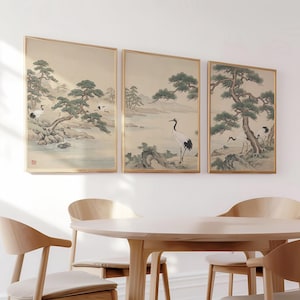 Japanese Landscape Wall Art Set - Cranes and Pine Trees Prints ...