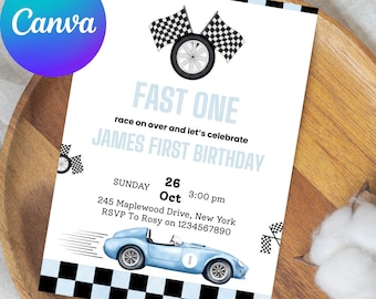 Editable Fast ONE Birthday Invitation, Race Car 1st Birthday Invite, Racing Car Vintage, Blue Racecar Editable & Printable Invitation
