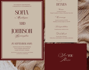 Luxury Old Money Wedding Invitation Suite Template, Elegant Red Invitation, Red Burgundy Timeless Wedding Invite, Instant Download,